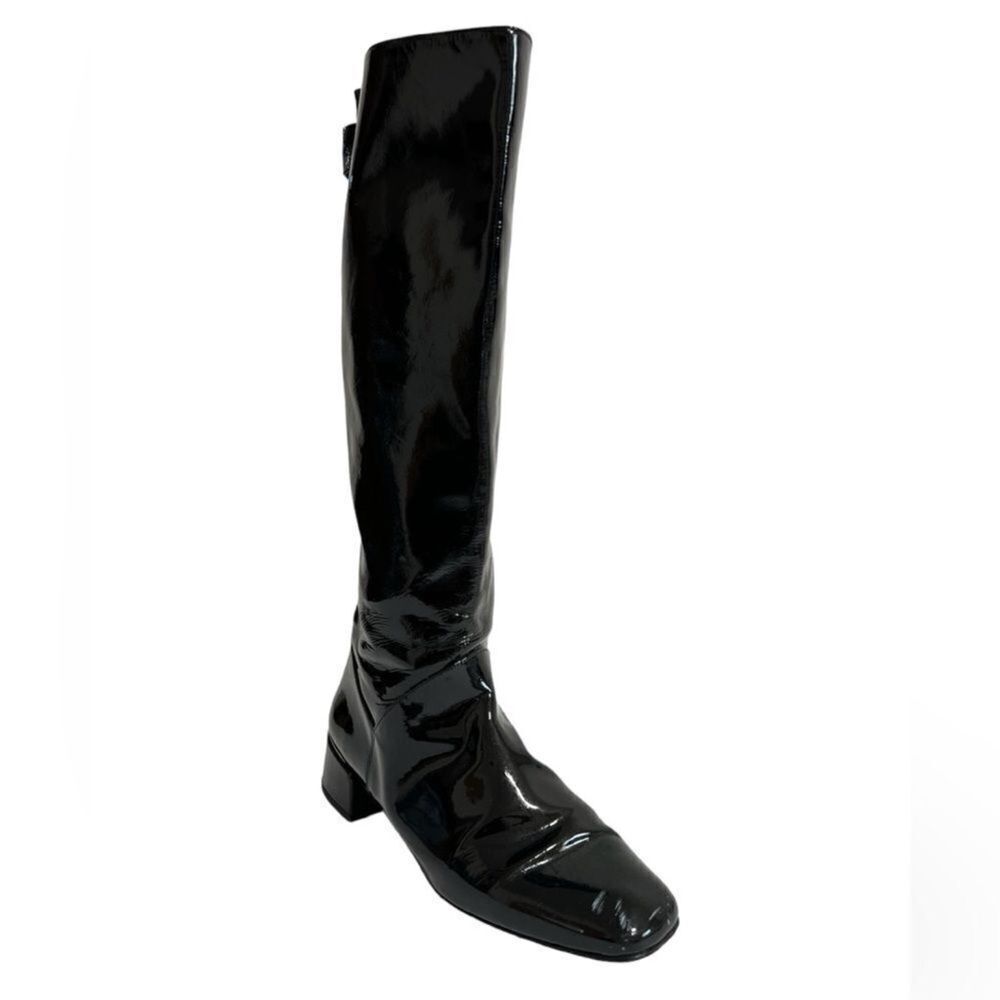 Start Weitzman Boots Black Leather Knee High Patent Leather Block Heel Size 9